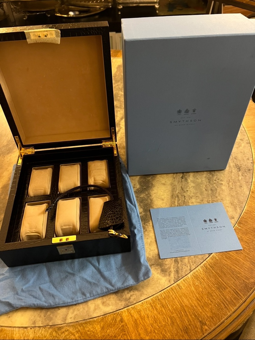 Smythson Croc-Embossed Black Leather Watch Case with Cream Interior